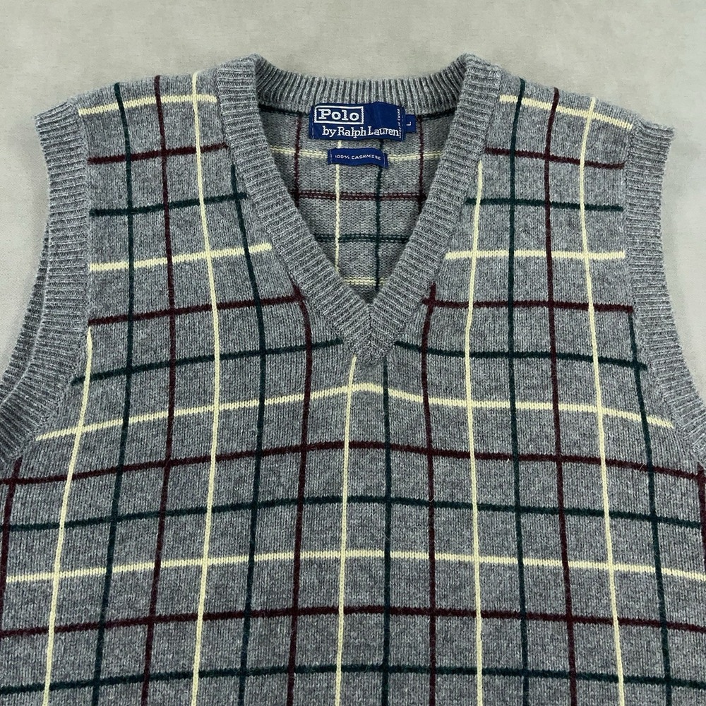 Vintage Polo Ralph Lauren Cashmere‎ Sweater Vest Men's Large RRL Gray Plaid 90s - Picture 3 of 10